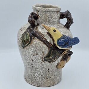 Antique French‎ Barbotine Craquelure Ceramic Vase Bird Olive Branch 19th-20th C